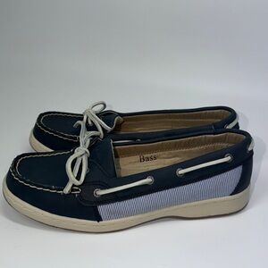 Bass ⚓ Marina Boat Shoe Navy White Slip On Loafers Leather Laces Size 8